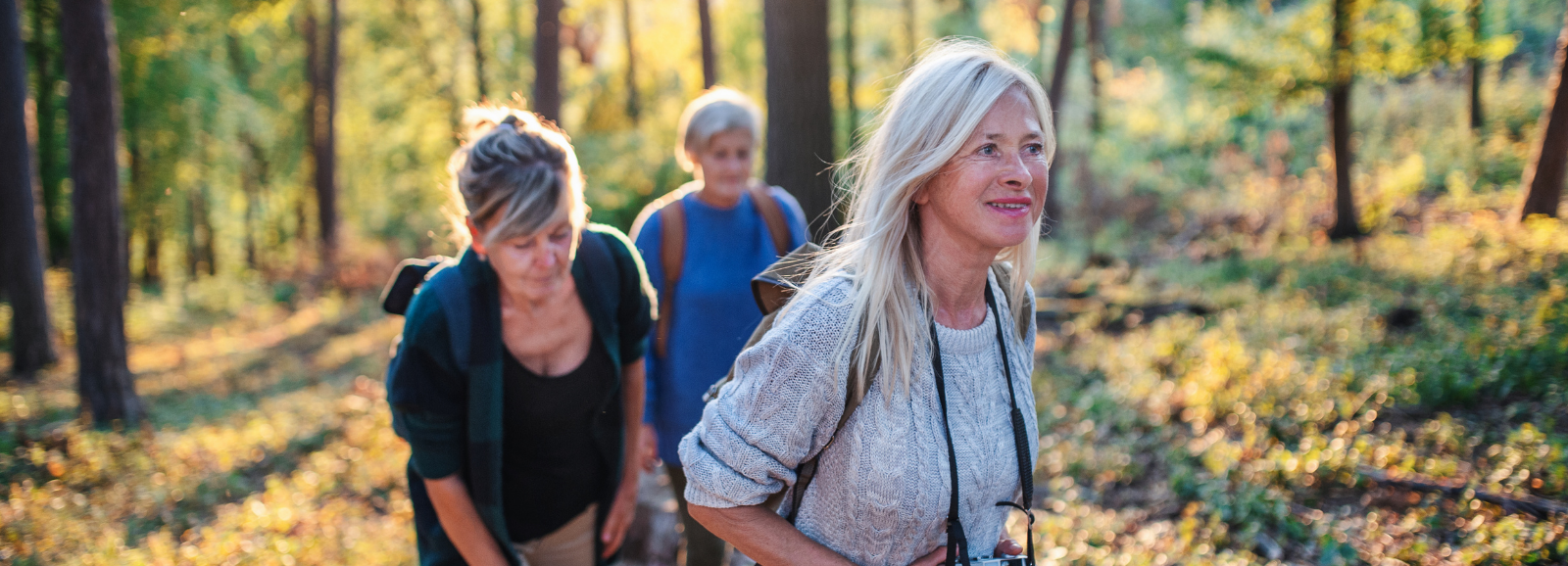Three females walking in the woodland. One is holding a camera.