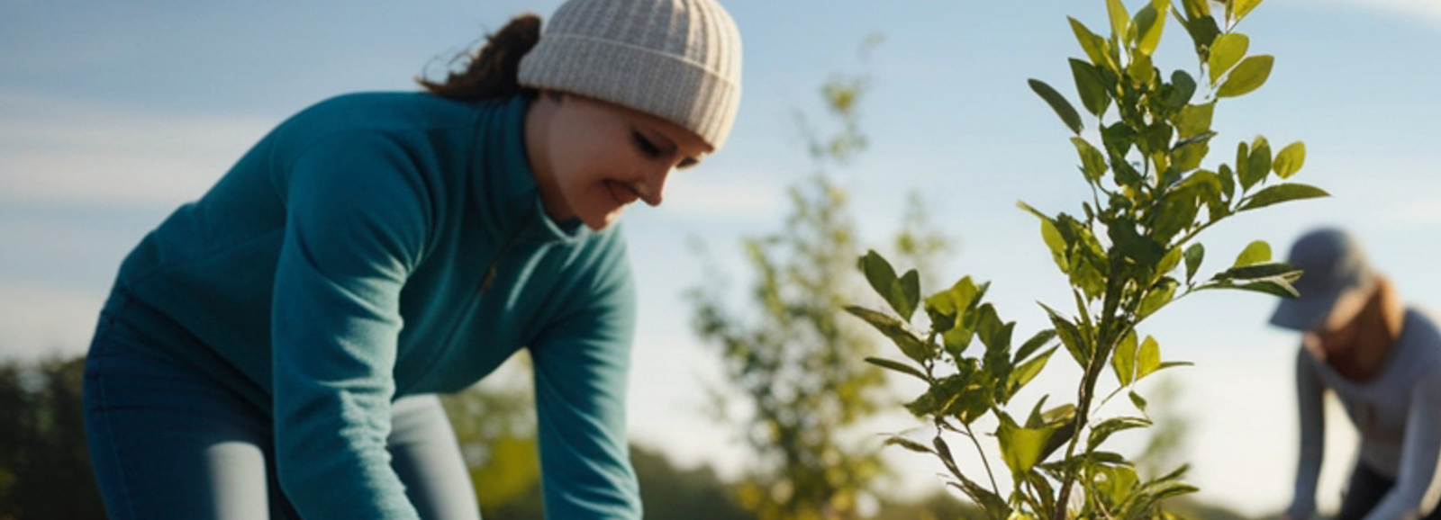 Female volunteer tending to a shrub.